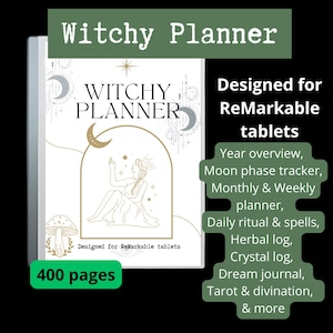 Puede incluir: Un planificador blanco con el texto "Witchy Planner" en letras doradas. El planificador está diseñado para tabletas Remarkable y tiene 400 páginas. La portada presenta un dibujo lineal de una mujer con una corona, rodeada de estrellas y lunas. El planificador incluye secciones para la visión general del año, el seguimiento de las fases lunares, la planificación mensual y semanal, los rituales y hechizos diarios, los registros de hierbas y cristales, el diario de sueños, el tarot y la adivinación, y más.