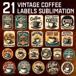 21 Vintage Coffee Labels Sublimation, Vintage POD Download, Vintage Printable Holiday Home Decor, PNG Instant Digital Download 300 dpi