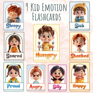 9 tarjetas de emociones para niños, imprimibles para bebés y preescolares, herramienta de desarrollo emocional, tarjetas Montessori PNG, PDF tamaño A4