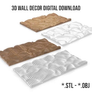 May include: Four 3D wall decor designs in STL and OBJ file formats. Two designs are wood-toned and two are white.  The designs are wavy and textured.