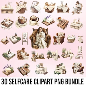 30 cliparts aquarelle confortable pour prendre soin de soi | Ensemble PNG Soins personnels | Journée au spa PNG | Amour de soi PNG | Stickers numériques confortables | PNG à usage commercial