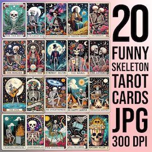 Paquete de 20 divertidas cartas de tarot de esqueleto PNG, esqueleto sarcástico y malsonante, tarot de bruja sarcástica, diseño de sublimación moderno, idea de regalo para el Día de la Madre PNG