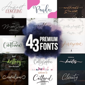 Peut inclure: Présentation de 43 polices de caractères premium, chacune affichée dans un style d'écriture unique. L'image présente divers modèles de polices, notamment "August Lengking", "Panda", "Orlando Smith" et "Centhana". Le texte central indique "43 PREMIUM FONTS".