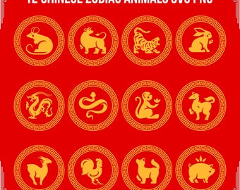12 Chinese Zodiac SVG for Lunar New Year Crafts, Minimalist Animal Vector Graphics