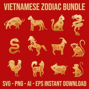 May include: A set of 12 gold Vietnamese zodiac animal illustrations. The animals are the Ox, Tiger, Cat, Dragon, Snake, Horse, Goat, Monkey, Rooster, Dog, Pig, and Rat. Each animal is depicted in a traditional style with intricate details.