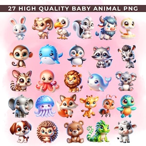 27 Baby Tier Clipart Bundle, Wild One Birthday 3D Baby Tier PNG, für Schlafzimmer Dekor, Baby Shower Dateien, Clip Art Kinderzimmer Bilder, 3D Tier
