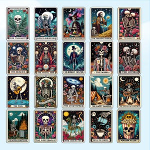 Paquete de 20 divertidas cartas de tarot de esqueleto PNG, esqueleto sarcástico y grosero, tarot de bruja sarcástica, diseño de sublimación de moda, sarcasmo de humor para adultos PNG