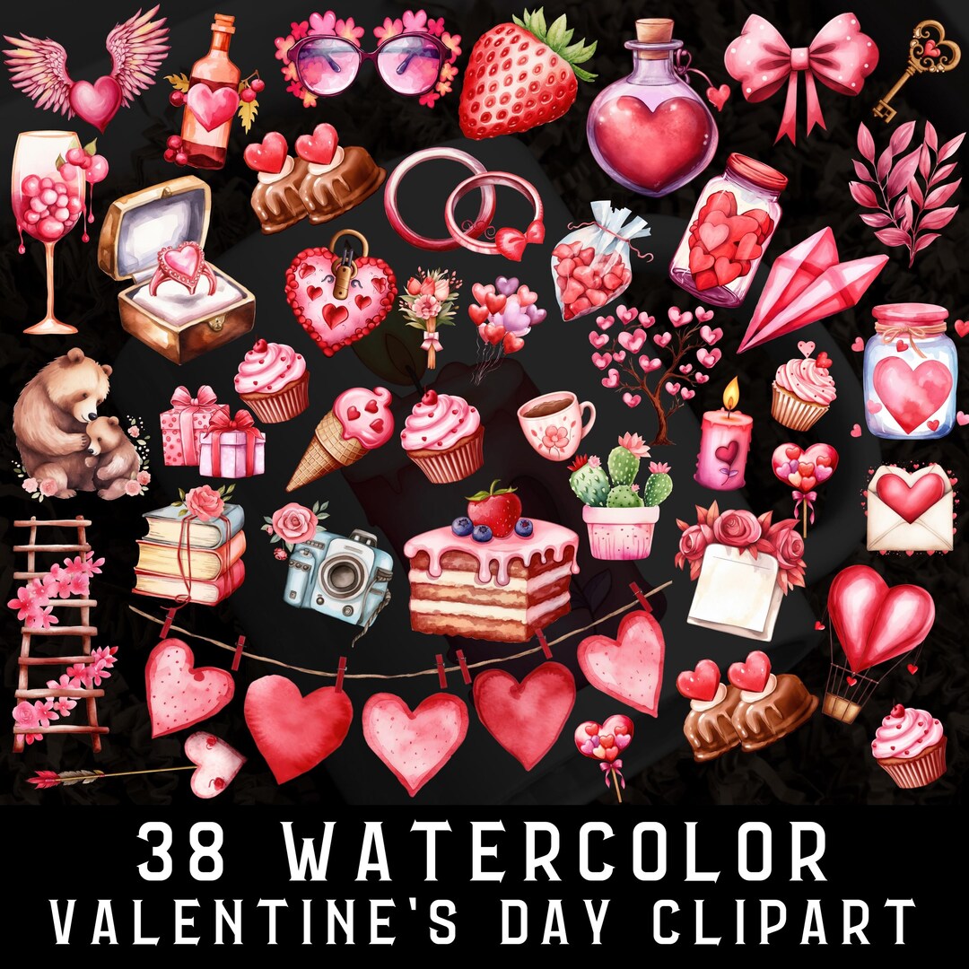 Watercolor Valentine's Day Clipart Set, 38 PNG Designs (digital ...