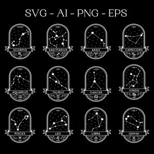 Pode incluir: Uma ilustração gráfica em preto e branco dos 12 signos do zodíaco com suas constelações correspondentes. Cada signo é exibido em uma moldura circular com o nome do signo e seu símbolo.