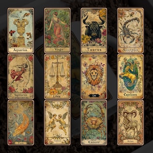 12 cartas del tarot del zodíaco sublimación clipart PNG, tarot PNG, horóscopo PNG, celestial png, constelación png, estrellas png, astrología png, digital