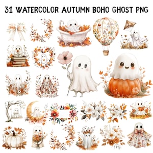 Watercolor Autumn Boho Ghost Clipart, Soft Halloween PNG, Neutral Halloween Clipart, Autumn Ghost Clipart, Spooky Cozy Aesthetic Clipart PNG