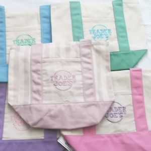 Trader Joe's Pastel Color Striped Canvas Tote Bag With Top Zipper