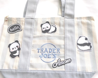 Trader Joe's Mini Striped Canvas Tote Bag with  Embroidery Patches and Added Zipper