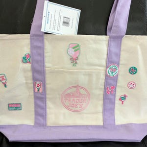 Lavender Trader Joe’s Large Canvas Tote — Pickleball Lover Embroidered Patches Bag — Limited Edition Purple  Tote Cute Gift for Player