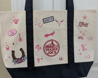 Large Trader Joe’s Navy Tote Bag, Pink Western Cowgirl Canvas Bag, Cowgirl Gift, Cute Western Tote, Zipper Shopping Bag, Unique Gift