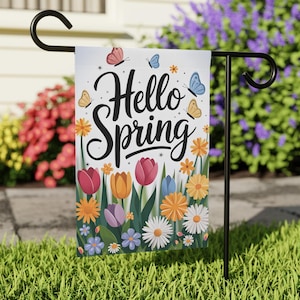 Hallo Frühling Gartenfahne | Doppelseitiges Banner für den Außenbereich | Frühling Hof Dekoration