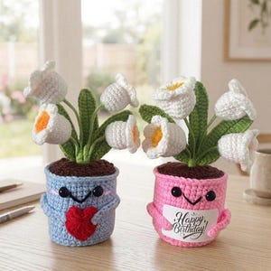 May include: Two crocheted potted plants with white flowers and green leaves. The blue pot features a red heart, while the pink pot holds a white sign with the text Happy Birthday. Both pots have black bead eyes and embroidered smiling mouths.