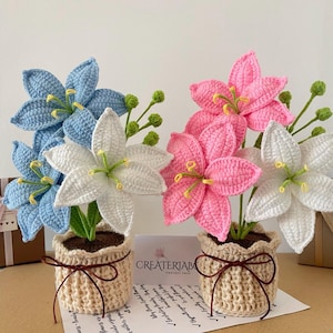 Fiore di giglio all'uncinetto: regalo floreale fatto a mano per sempre in vaso o pentola - regalo a lunga distanza per lei - Decorazione floreale artificiale per la casa