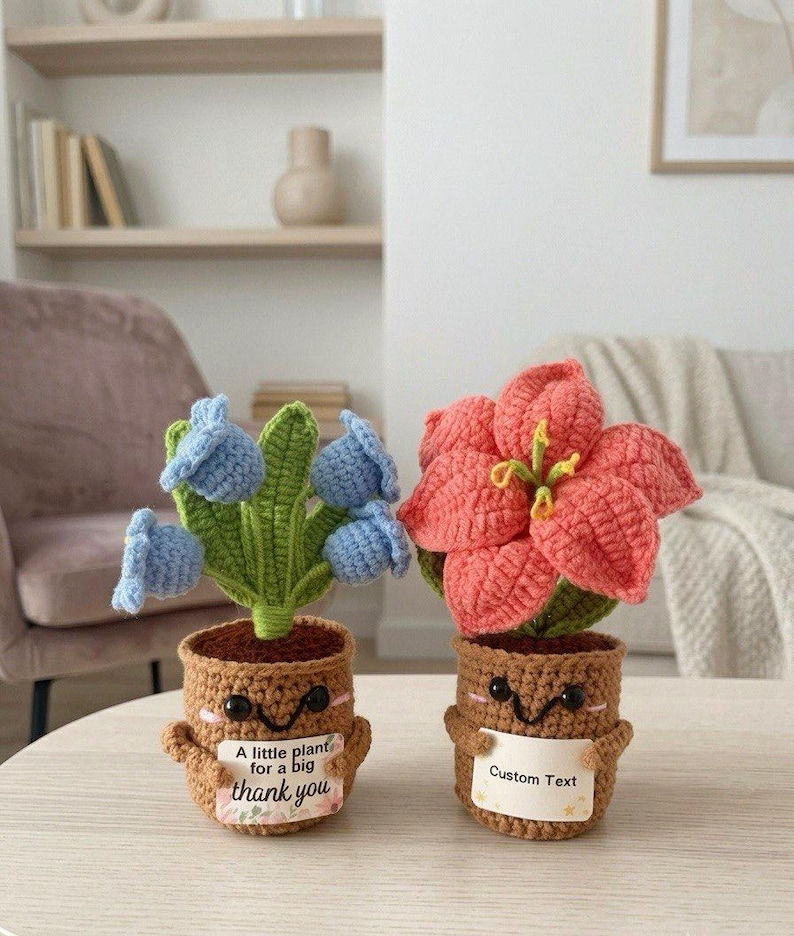May include: Two crocheted potted plants with smiling faces. The left plant has blue bell-shaped flowers and a sign reading A little plant for a big thank you. The right plant has a large coral flower and a sign reading Custom Text. Both have brown pots.