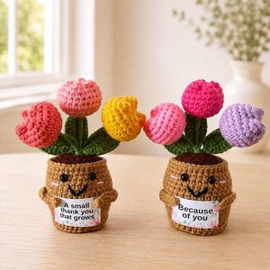 May include: Two crocheted potted plants with smiling faces, each holding a small sign. The left plant has pink, yellow, and red tulips with a sign reading A small thank you that grows. The right plant has pink and purple tulips with a sign reading Because of you.