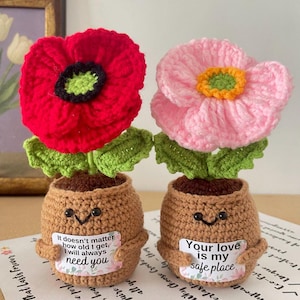 Könnte beinhalten: Zwei gehäkelte Blumentopfpuppen. Eine hat eine rote Blume mit einem schwarzen und grünen Zentrum, die andere eine rosa Blume mit einem orangefarbenen und grünen Zentrum. Jeder Topf hat ein lächelndes Gesicht und eine Nachricht.