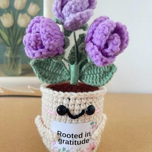 May include: A crocheted potted plant featuring three purple flowers with green leaves. The cream-colored pot has a smiling face with black bead eyes and holds a white sign that reads Rooted in gratitude with small pink and green floral accents.