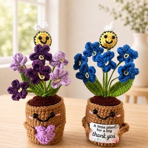 May include: Two crocheted potted plants with smiling faces. One has purple flowers and a purple heart, the other has blue flowers and a sign that reads A little plant for a big thank you. Both feature a small yellow and black bee on top.