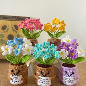 May include: Five crocheted potted flowers with smiling faces and small signs. The pots are brown or light purple, holding pink, yellow, blue, white, turquoise, and purple flowers with green leaves. The signs feature text including Because of you I grew, A small thank you that grows, and Keep growing strong you've got this!