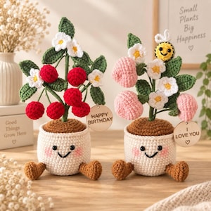 Op de afbeelding: Twee gehaakte potplanten met lachende gezichtjes en roze wangen. De ene heeft rode kersen en witte bloemen met een houten label HAPPY BIRTHDAY. De andere heeft roze vruchten, witte bloemen en een bijtje met een label I LOVE YOU.