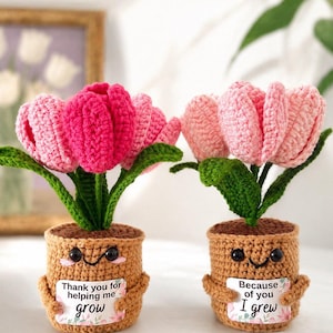 May include: Two crocheted potted tulips with smiling faces. The left pot holds dark pink tulips and a sign reading "Thank you for helping me grow." The right pot holds light pink tulips and a sign reading "Because of you I grew."