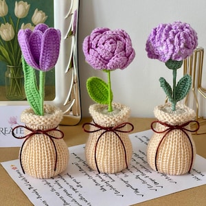 Gehaakt bloemboeket: handgemaakte acrylvaas - tulp, roos, lelie