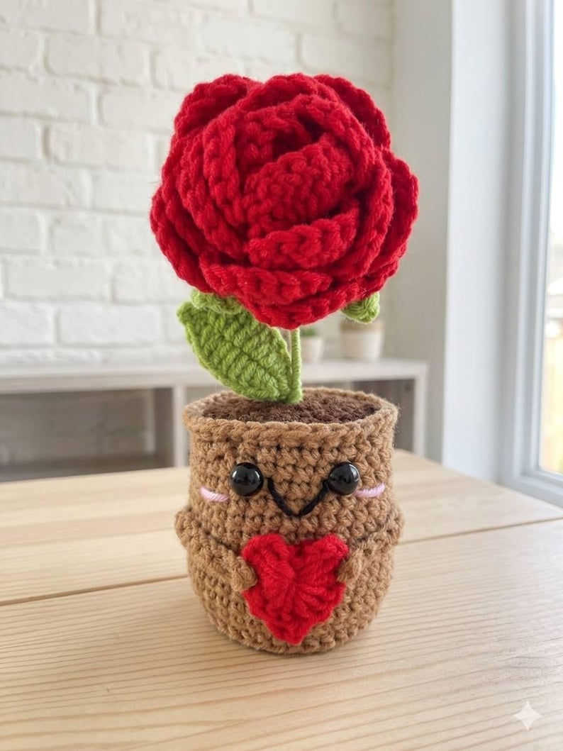 May include: A crocheted red rose with a green leaf sits in a tan crocheted pot. The pot features a smiling face with black bead eyes, a stitched mouth, and pink cheeks, while holding a small red crocheted heart against its front surface.