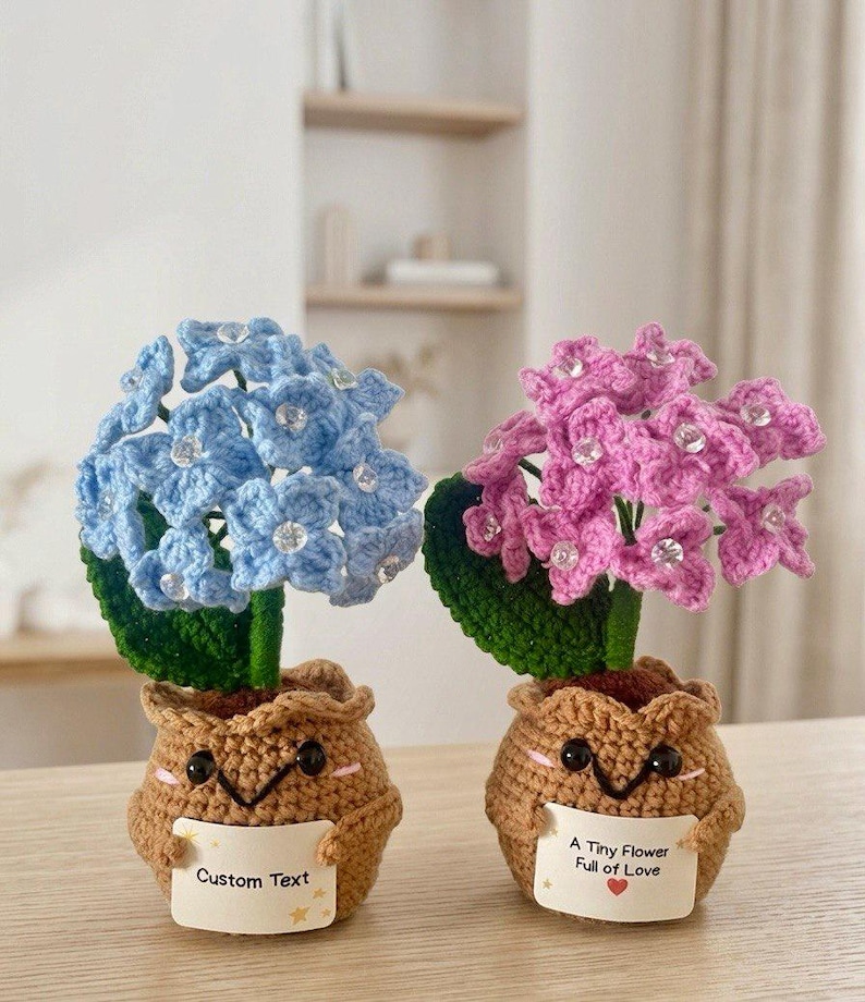 May include: Two crocheted potted plants with light blue and pink flower clusters, green leaves, and brown textured pots. Each pot features a smiling face with black eyes and holds a white sign. One sign reads Custom Text, the other A Tiny Flower Full of Love.