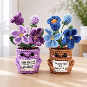 Op de afbeelding: Twee gehaakte potplanten met lachende gezichtjes. De linkerpot is paars met de tekst "Keep growing strong you've got this!" en de rechterpot is bruin met de tekst "Thank you for everything". Beide hebben kleurrijke bloemen van garen.