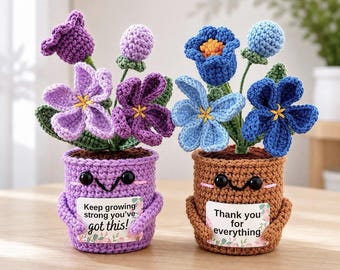 Maceta de ganchillo personalizada con flores silvestres, linda planta de apoyo emocional, decoración floral hecha a mano, regalo personalizado para el escritorio de ella, decoración kawaii para el hogar.