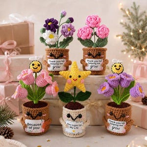 May include: A collection of five crocheted potted plants and a star figure. Each brown or cream pot features a smiling face and a sign with text including Thank you for helping me grow, Because of you, and You Light Up My Life.