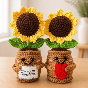 May include: Two crocheted sunflowers in brown pots with smiling faces. One pot holds a white sign with the text "You are My Sunshine" and the other holds a red crocheted heart. Each sunflower has yellow petals, a brown center, and green leaves.
