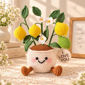 May include: A crocheted lemon plant in a white pot with a smiling face, pink cheeks, and brown feet. The plant features yellow lemons, green leaves, and white flowers. A round wooden tag hangs from the plant with the text I LOVE YOU engraved.