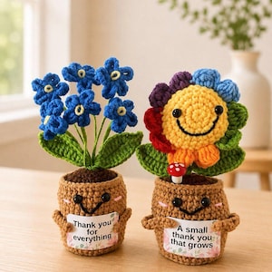 May include: Two crocheted potted plants with smiling faces. The left plant has blue flowers and a sign reading "Thank you for everything." The right plant has a multi-colored flower, a small mushroom, and a sign reading "A small thank you that grows."