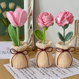 Gehaakte bloemenvaas: handgemaakte acryltulp, roos, lelie, zonnebloem