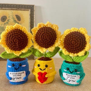 May include: Three crocheted sunflowers in pots. The blue pot holds a sign reading A small thank you that grows. The yellow pot features a red heart. The teal pot holds a sign reading Because of you I grew. Each pot has a smiling face.