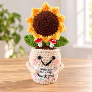 Op de afbeelding: Een gehaakte zonnebloem in een beige pot met een lachend gezicht, roze wangen en twee kleine rood-witte paddenstoelen. De pot houdt een wit bordje vast met de tekst A little plant for a big thank you, versierd met kleine bloemillustraties.