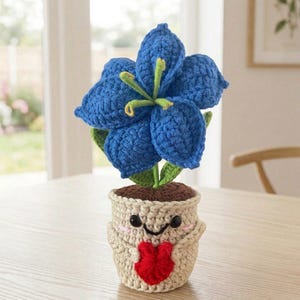 May include: A crocheted blue lily flower with green stems and leaves planted in a beige crocheted pot. The pot features a smiling face with black eyes, a black mouth, pink cheeks, and two small arms holding a red crocheted heart shape.