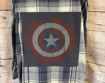 One of a Kind Upcycled Disney Captain America Super Hero Womens Button Up Shirt size XL Universal Thread Brand