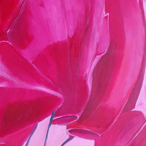 Puede incluir: Un primer plano de una pintura de flores rosas. Los pétalos se superponen y el fondo es rosa claro.