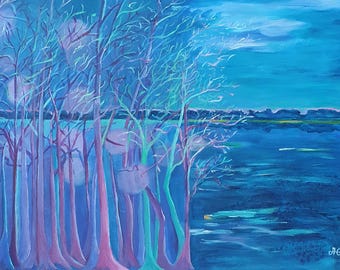 Mysterious Forest Moonlight Painting: Original Surrealist Acrylic Art