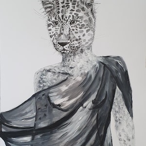 Predatore. Donna vestita di leopardo. Il dipinto è un esemplare unico, disegnato da Galyna con penna e inchiostro su carta nello stile dell'autrice.