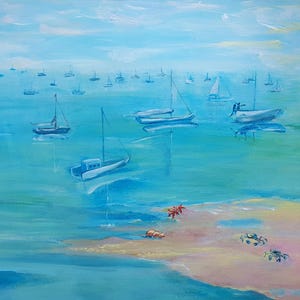 Crab Island. Paesaggio marino con una regata velica. Dipinto originale con colori acrilici di alta qualità in un unico esemplare.