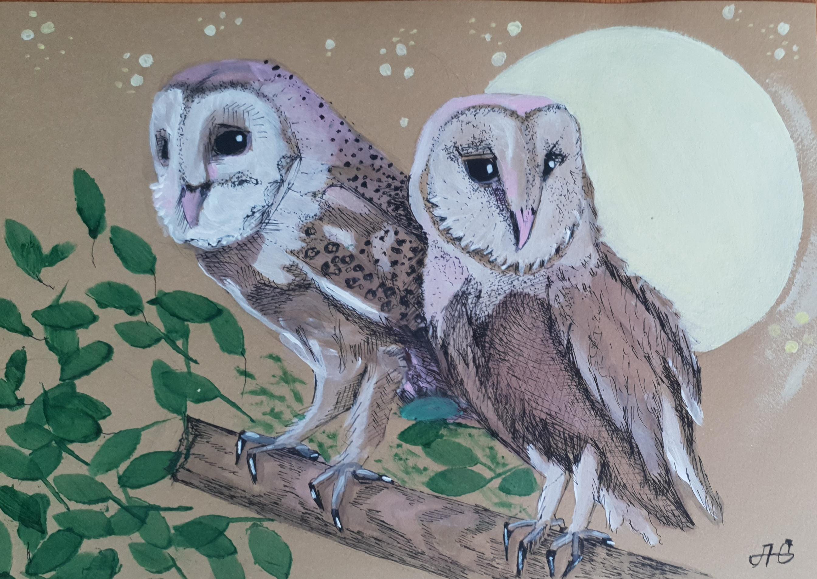 Two Owls Ink Painting: Moonlit Night Original Art