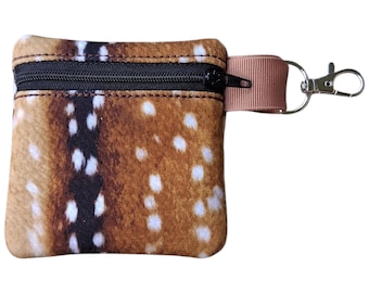 Fawn Deer Fabric Coin Pouch: Upcycled Zipper Purse with Clip
